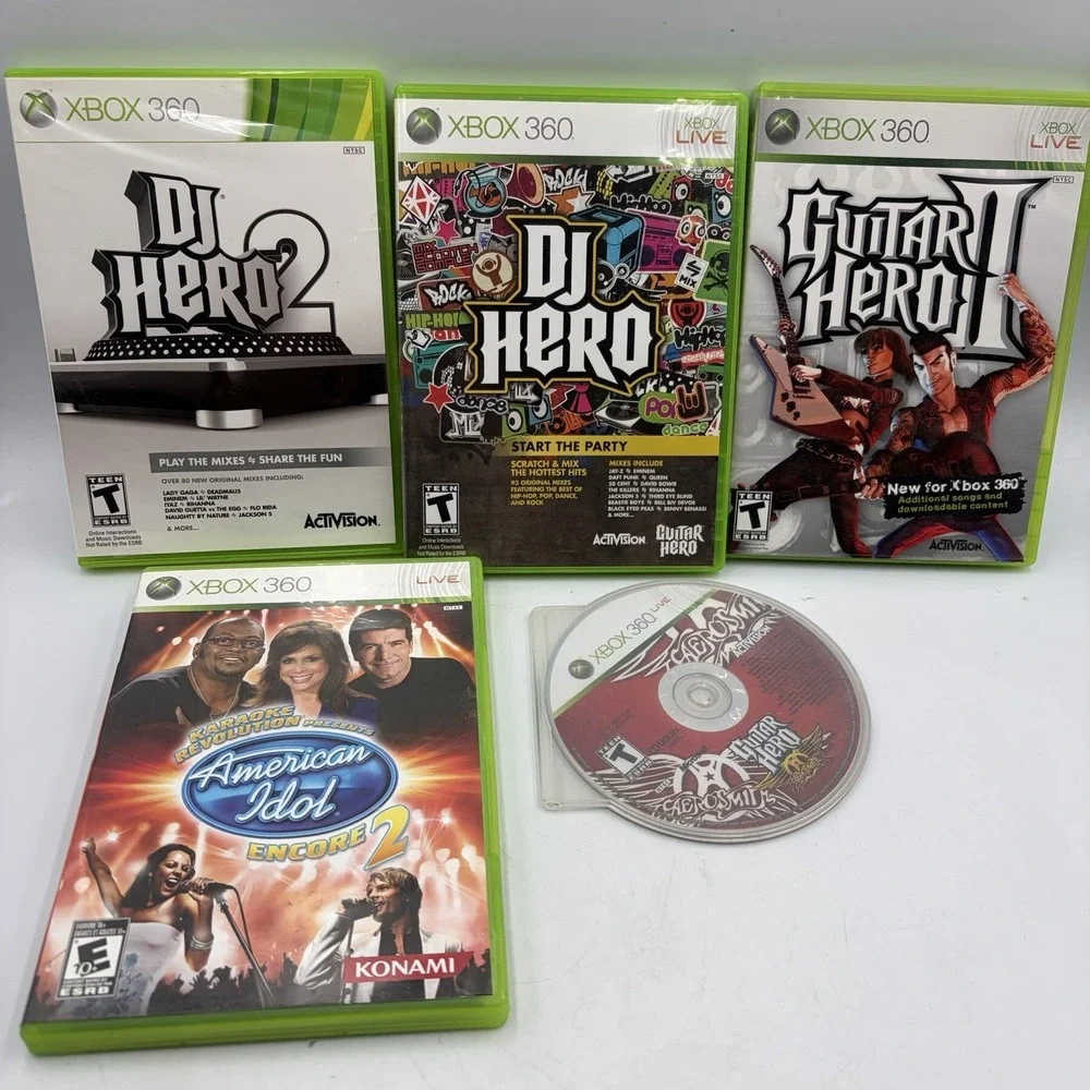Xbox 360 5 Games Dj Hero 1&2 Guitar Hero Aerosmith &2 American Idol
